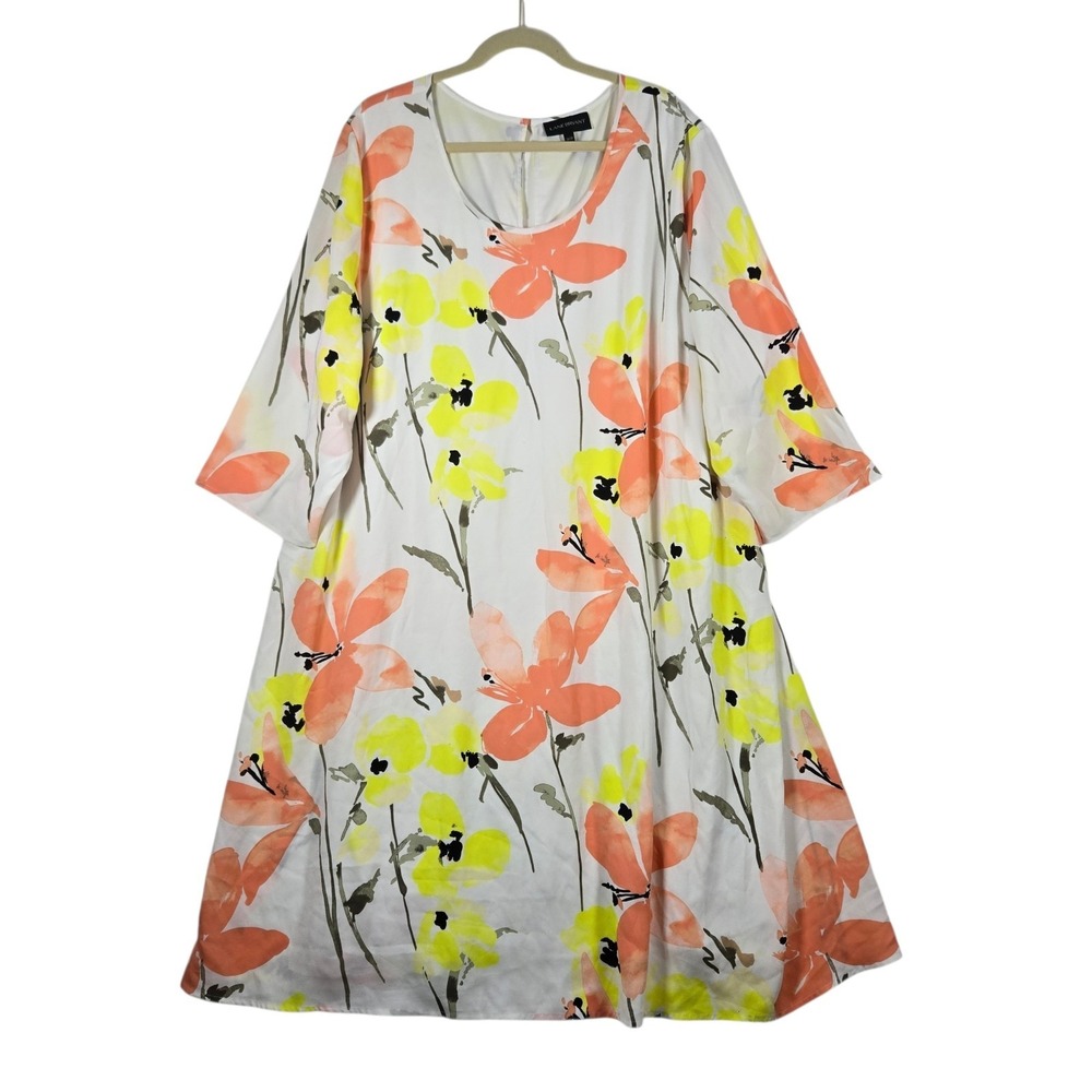 Lane Bryant Dress Womens Plus 26/28W White Peach Floral 3/4 Sleeve Knee Length